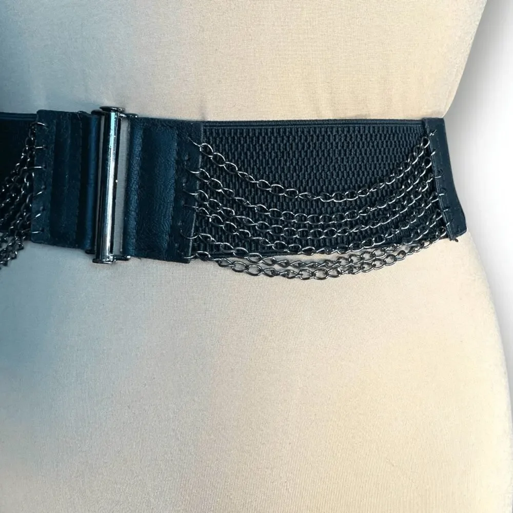 Vintage Y2K Black Leather Layered Chain Belt Festival Statement Edgy Accessory